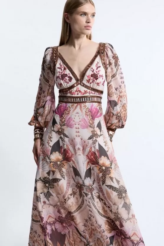 Clearance Karen Millen Petite Placed Floral Embroidered And Beaded Woven Midi Dress multi