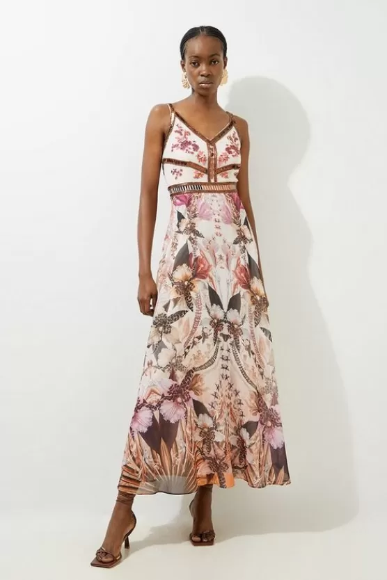 Cheap Karen Millen Petite Placed Floral Embroidered And Beaded Woven Strappy Maxi Dress multi