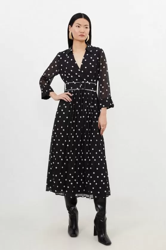 Flash Sale Karen Millen Petite Pleated Contrast Georgette Spot Woven Midi Dress black