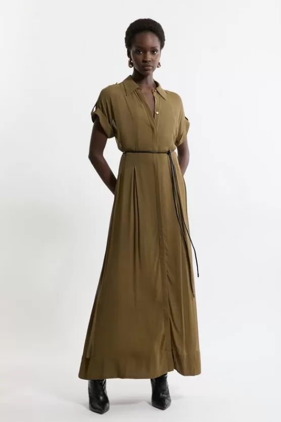 Fashion Karen Millen Petite Pleated Woven Viscose Midaxi Shirt Dress khaki