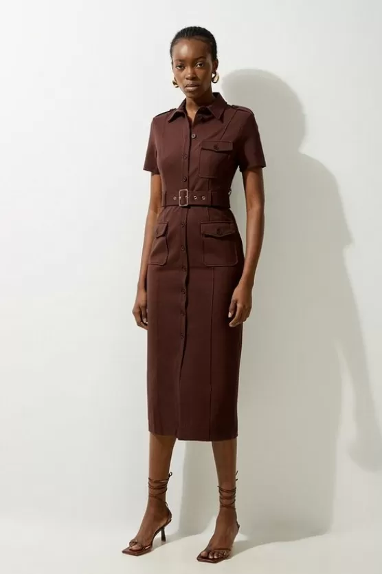 Hot Karen Millen Petite Pocket Detail Ponte Jersey Short Sleeve Midi Dress chocolate