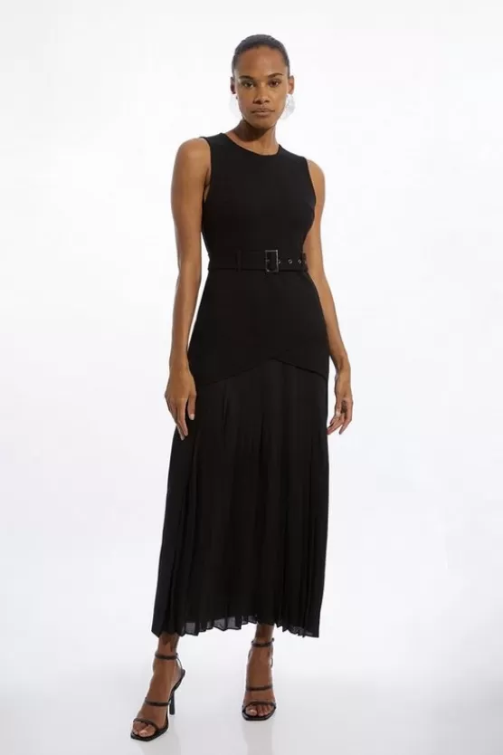 Fashion Karen Millen Petite Ponte And Georgette Jersey Pleated Maxi Dress black