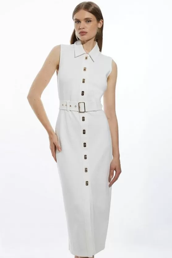 Online Karen Millen Petite Ponte Jersey Hardwear And Pu Detail Midi Dress ivory