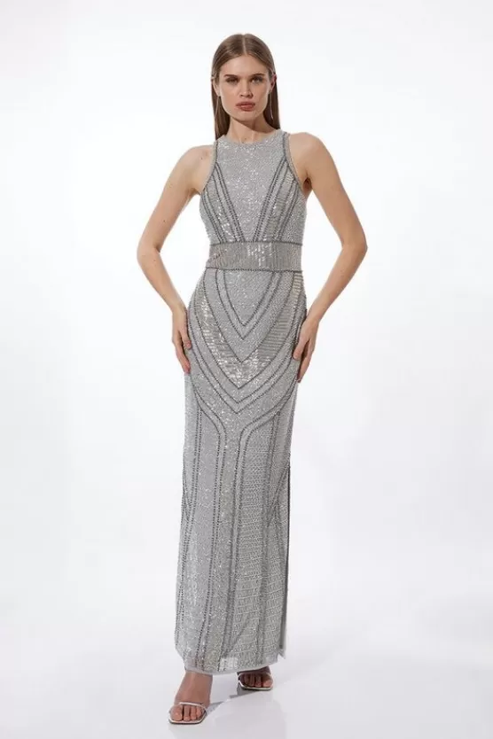 Clearance Karen Millen Petite Premium Beading Embellished Woven Halter Maxi Dress silver