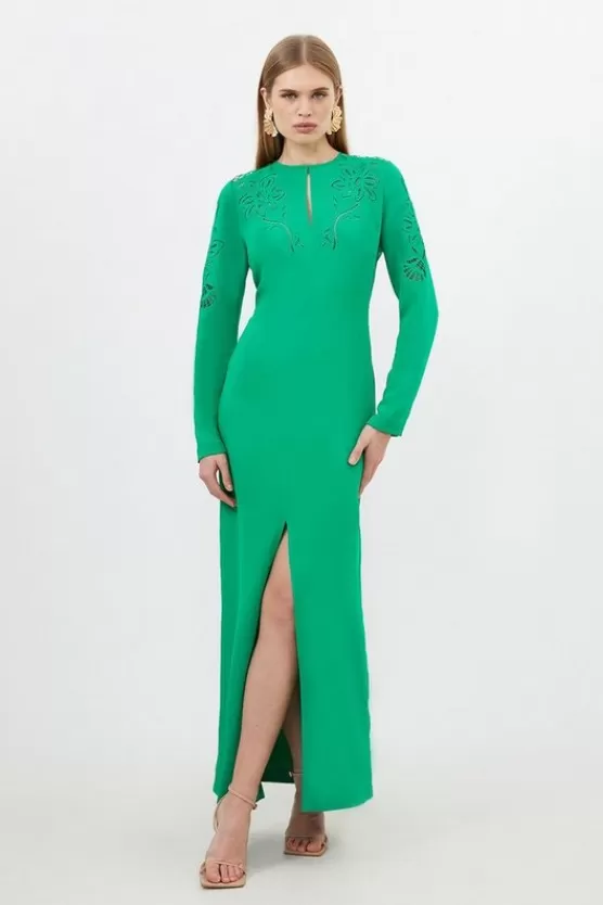 Cheap Karen Millen Petite Premium Cady Cutwork Woven Long Sleeve Maxi Dress green