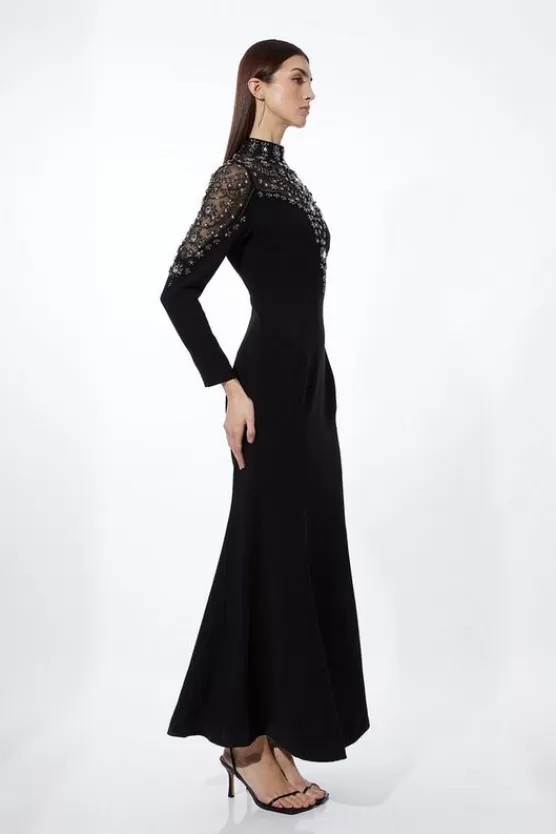 New Karen Millen Petite Premium Crystal Embellished Woven Maxi Dress black