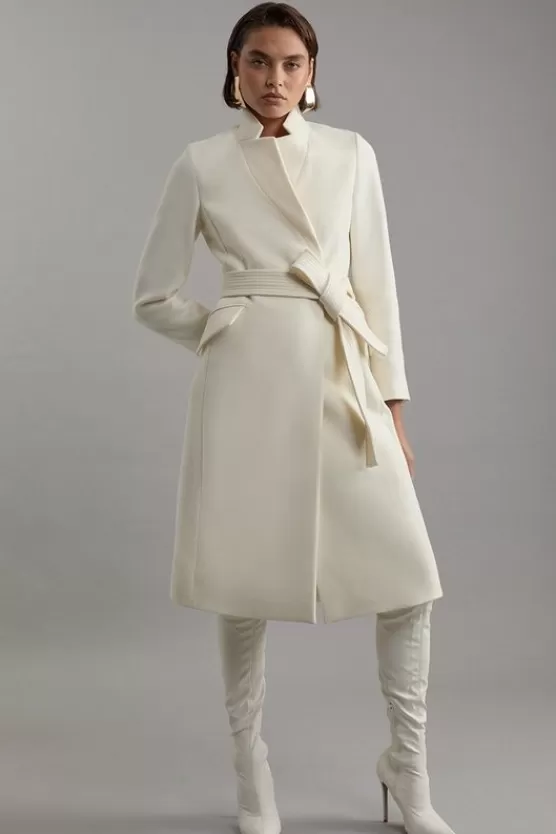 Discount Karen Millen Petite Premium Italian Manteco Wool Investment Notch Neck Tailored Midi Coat ivory