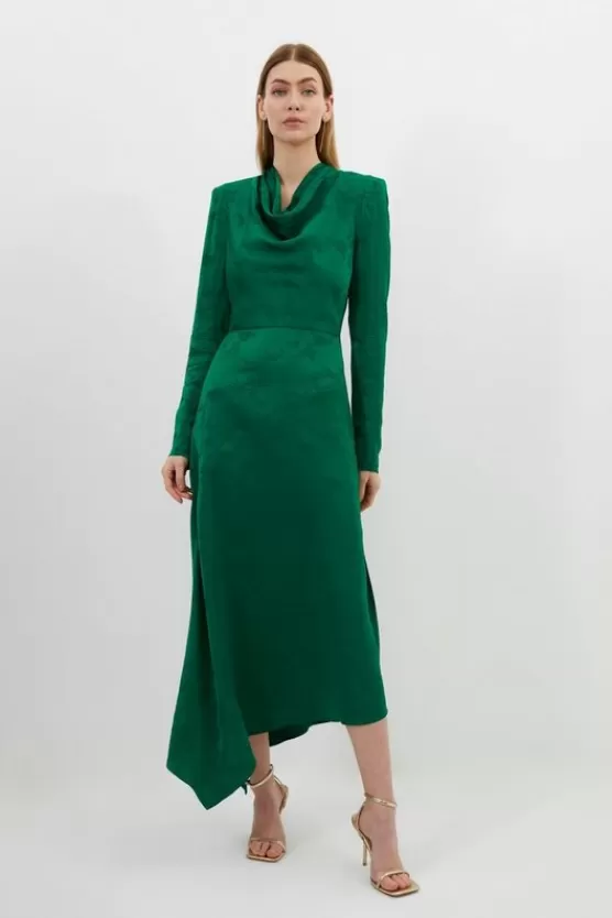 Fashion Karen Millen Petite Premium Jacquard Cowl Long Sleeve Woven Midi Dress green