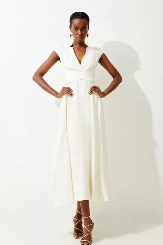 Hot Karen Millen Petite Premium Linen V Neck Wrap Detail Woven Midi Dress ivory