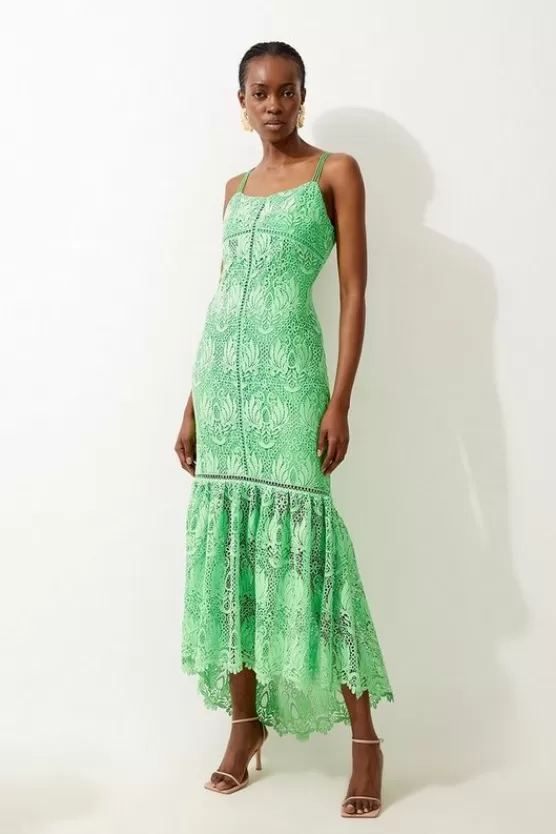 Hot Karen Millen Petite Premium Satin Guipure Lace Strappy Maxi Dress green