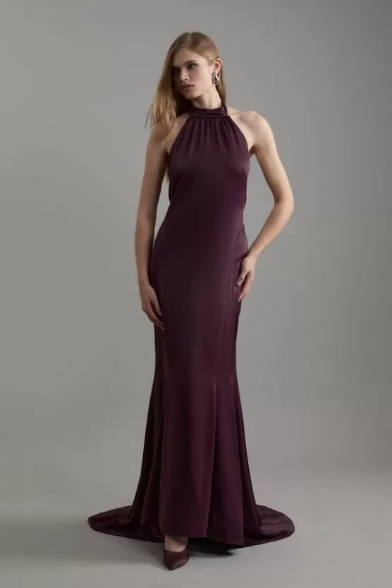 Shop Karen Millen Petite Premium Satin Halter Neck Tailored Maxi Dress plum