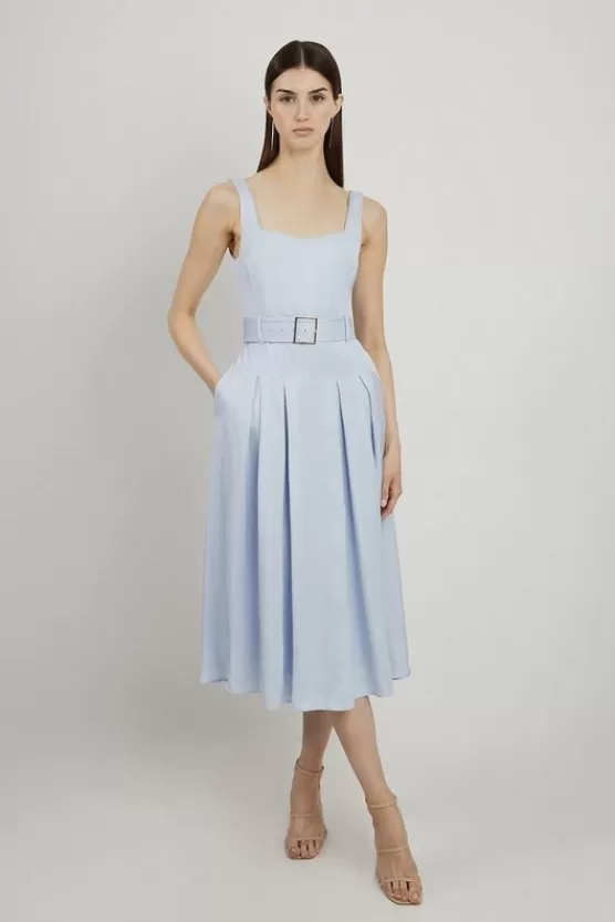 Best Karen Millen Petite Premium Tailored Linen Belted Full Skirt Midi Dress paleblue