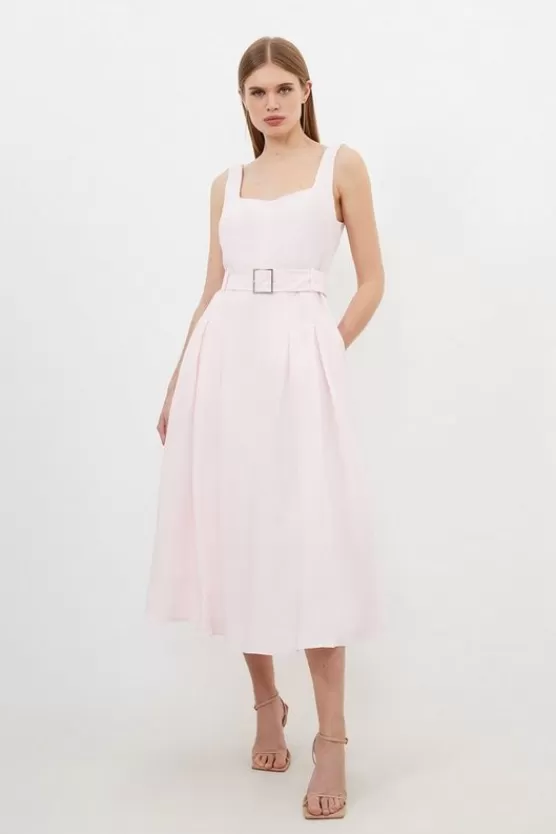 Cheap Karen Millen Petite Premium Tailored Linen Square Neck Belted Midi Dress blush