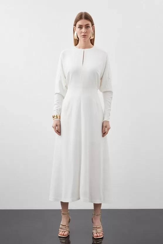 Best Karen Millen Petite Premium Viscose Crepe Long Sleeve Woven Midi Dress ivory