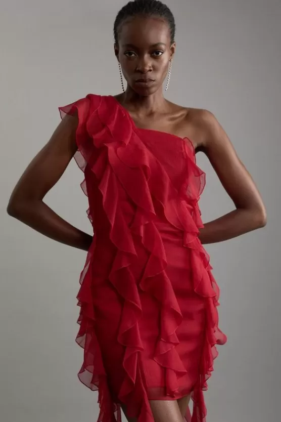 Sale Karen Millen Petite Premium Viscose Georgette Panelled Ruffle Detail Woven Midi Dress red