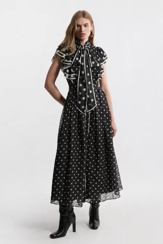 Outlet Karen Millen Petite Printed Dobby Ruffle Midi Dress mono