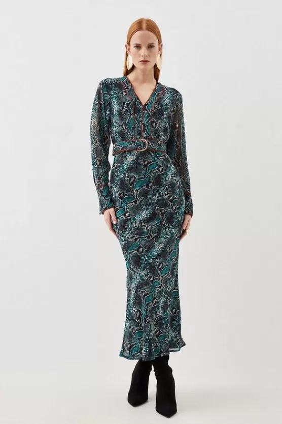 Clearance Karen Millen Petite Printed Georgette Woven Maxi Dress With Scarf Detail snake