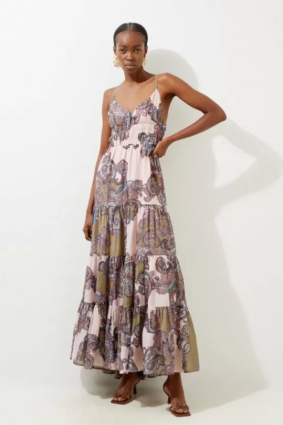 Store Karen Millen Petite Printed Paisley Maxi Cotton Woven Sun Dress olive