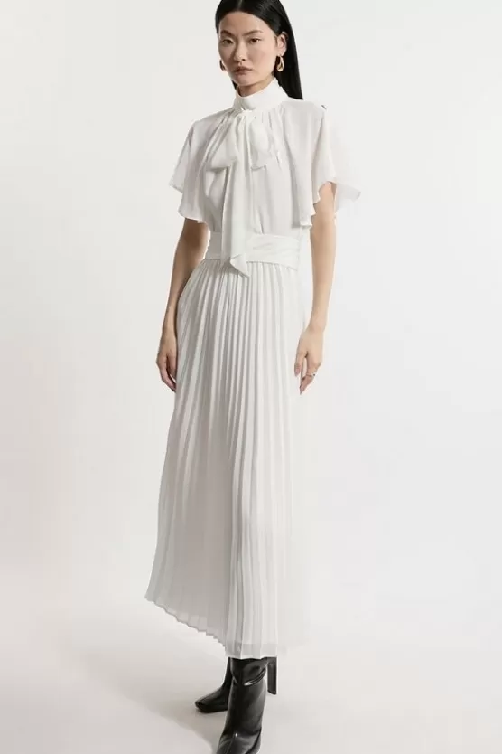 Sale Karen Millen Petite Pussy Bow Tie Georgette Belted Woven Midi Dress ivory