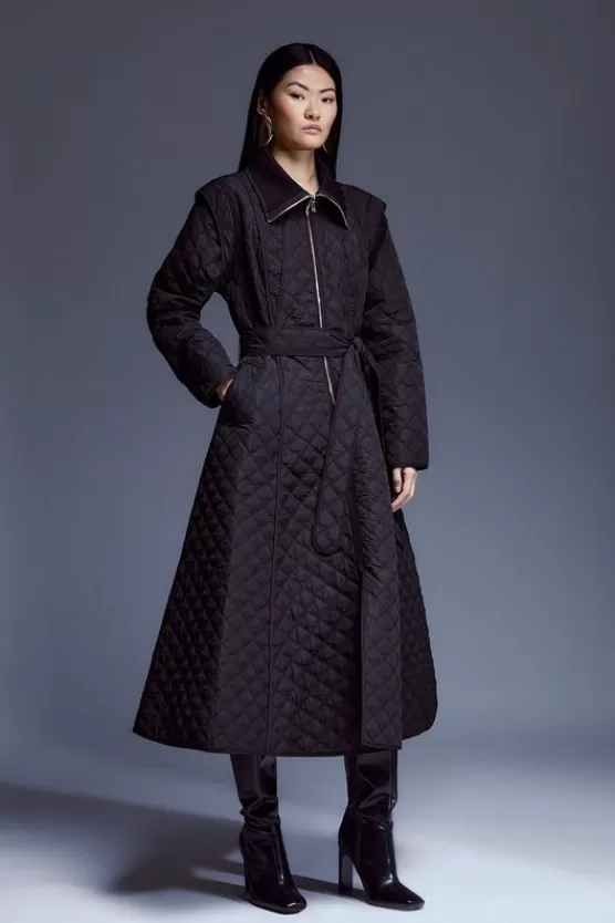 Clearance Karen Millen Petite Quilted Full Skirted Belted Midi Coat black