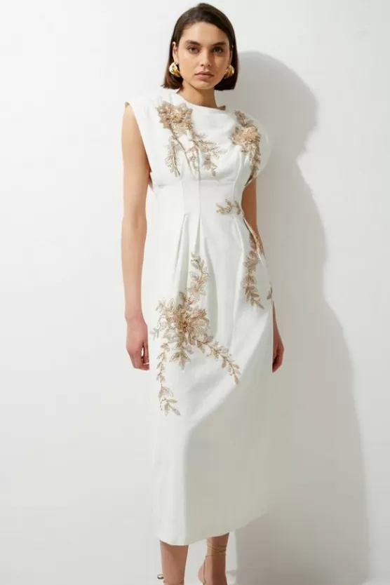 Online Karen Millen Petite Raffia Embroidered Linen Woven Midi Dress natural