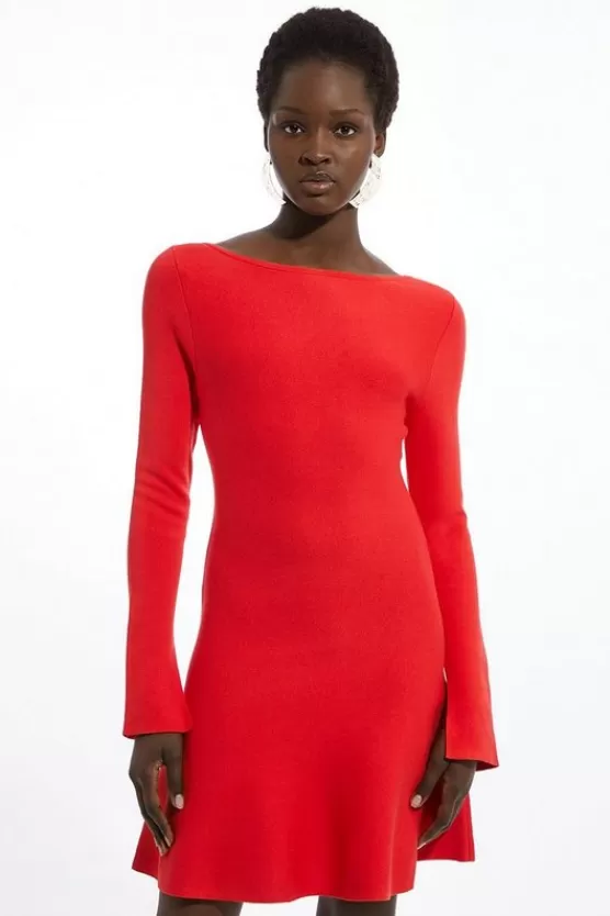 Outlet Karen Millen Petite Rib Knit Peplum Sleeve Flippy Mini Dress red