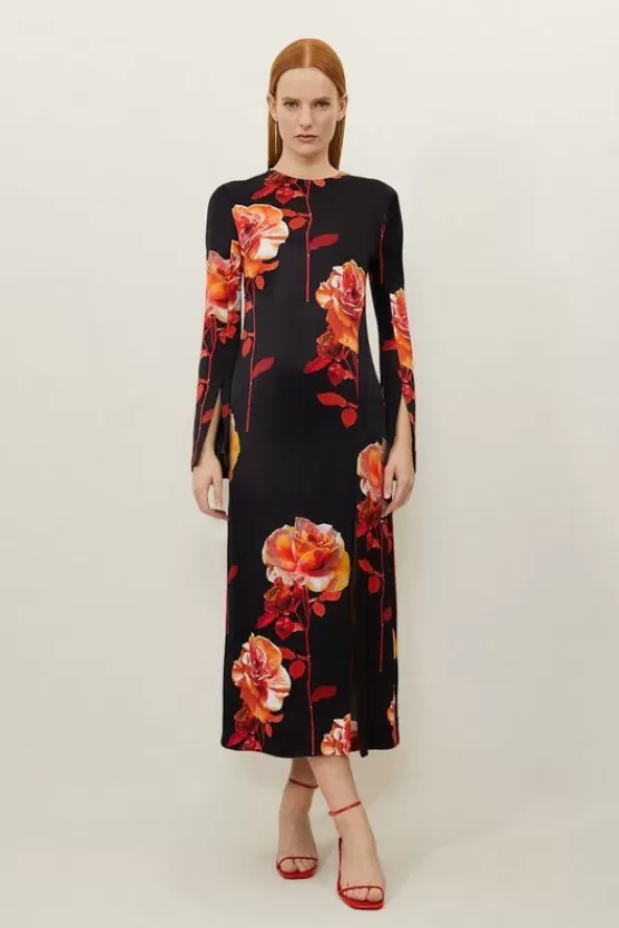 Hot Karen Millen Petite Rose Woven Viscose Satin Midi Dress floral