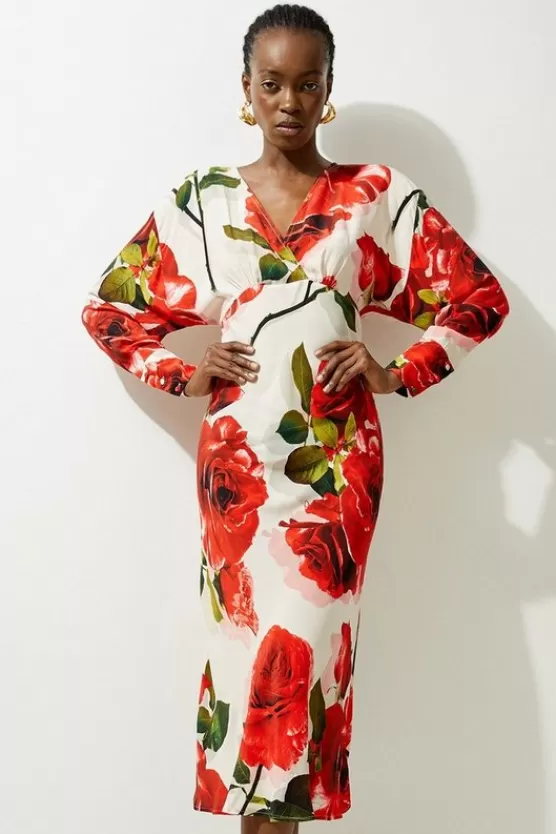 Best Sale Karen Millen Petite Printed Morocain Woven V Neck Midaxi Dress rose
