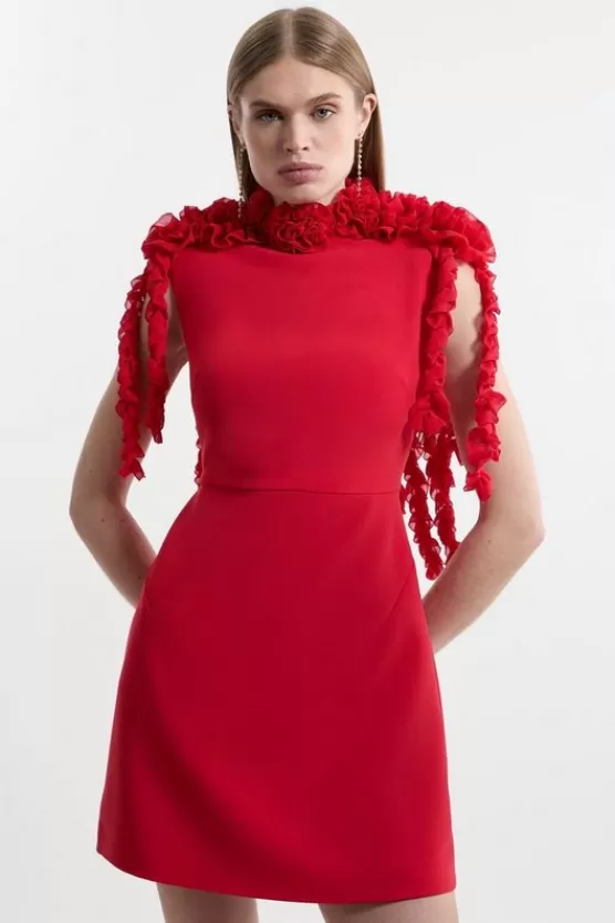 New Karen Millen Petite Rosette And Ruffle Compact Viscose Tailo Mini Dress red