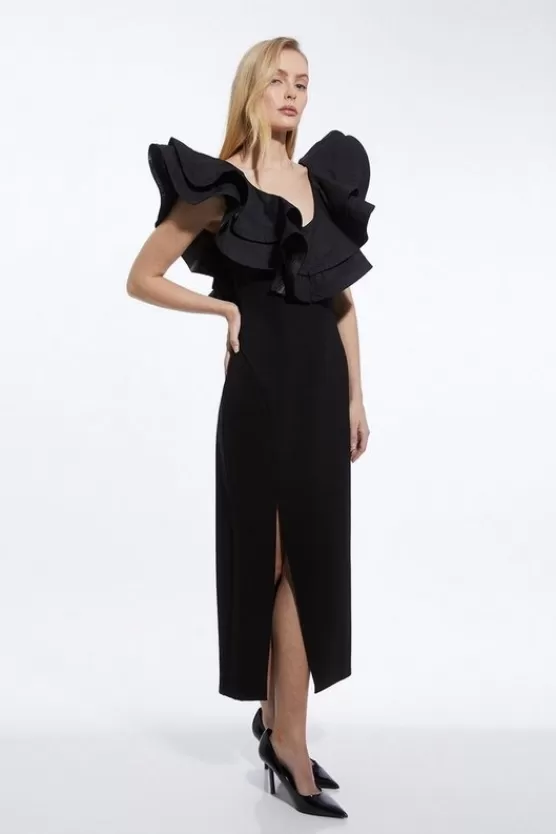 Flash Sale Karen Millen Petite Ruffle Ponte And Cotton Jersey Side Split Maxi Dress black