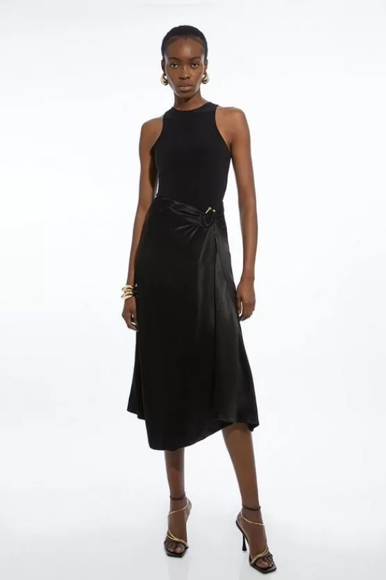 Cheap Karen Millen Petite Satin Back Crepe Asymmetric Waist Hardware Maxi Skirt black