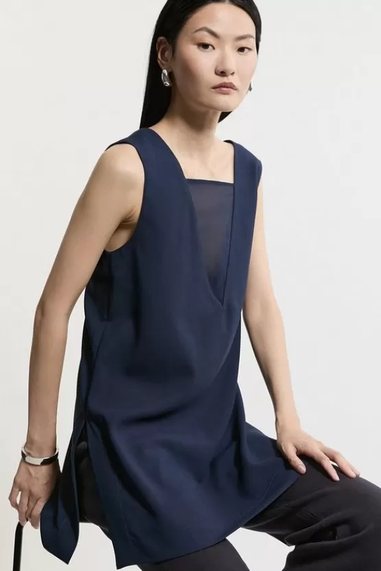 Outlet Karen Millen Petite Satin Back Crepe Deep V Woven Tunic navy