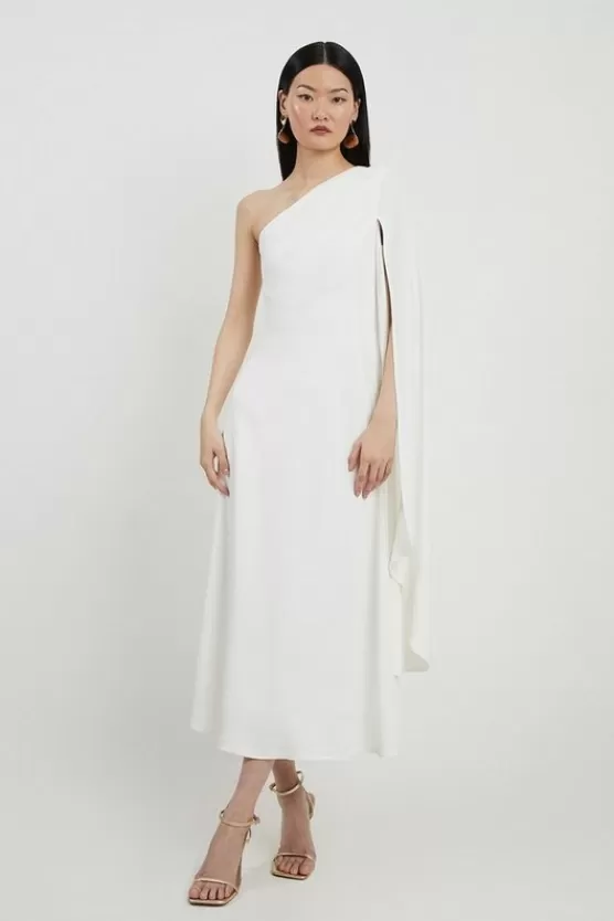 New Karen Millen Petite Satin Back Crepe One Shoulder Drape Sleeve Maxi Dress ivory