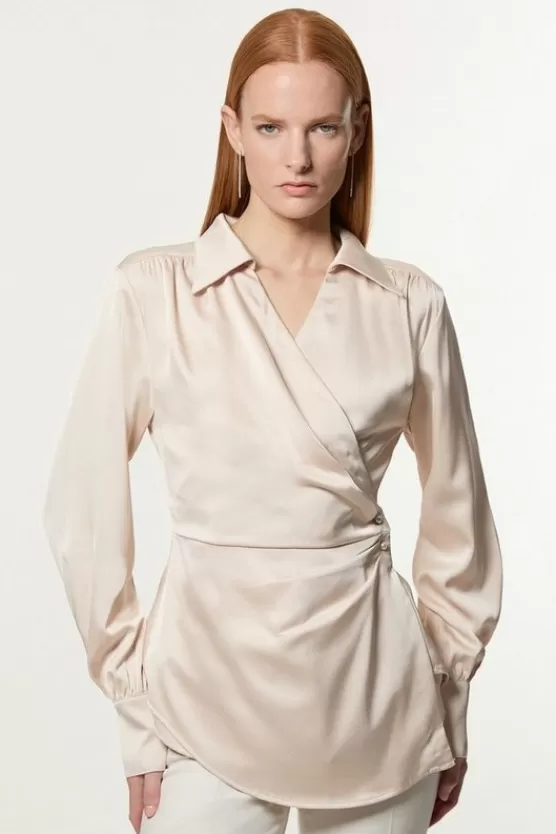 Best Karen Millen Petite Satin Back Crepe Pearl Detail Wrap Blouse champagne