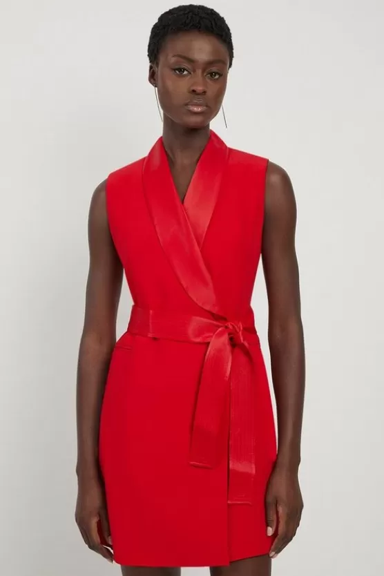 Fashion Karen Millen Petite Satin Back Crepe Sleeveless Tuxedo Tailored Wrap Mini Dress redorange