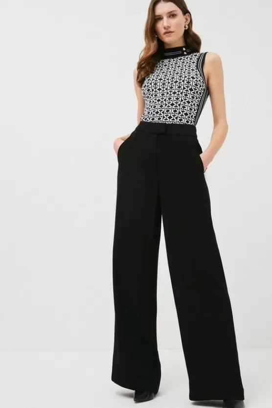 New Karen Millen Petite Satin Back Crepe Wide Leg Pants black