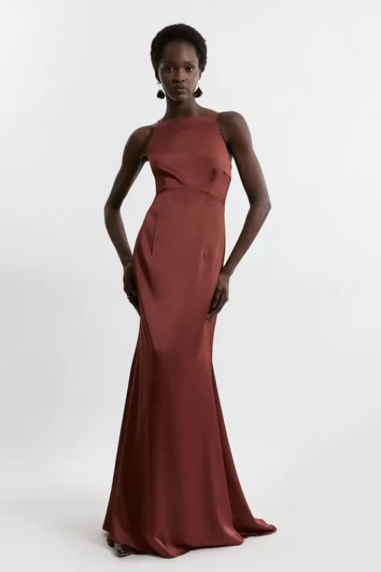 Best Karen Millen Petite Satin Crepe Column Woven Midi Maxi Dress chocolate