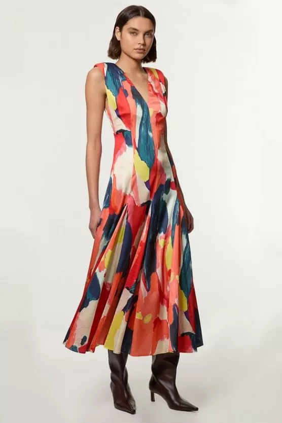 Store Karen Millen Petite Satin Print V Neck Woven Maxi Dress multi