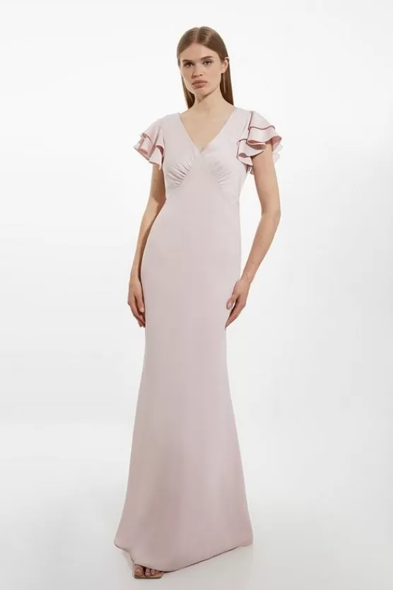 New Karen Millen Petite Satin Ruffle Sleeve Maxi Dress blush