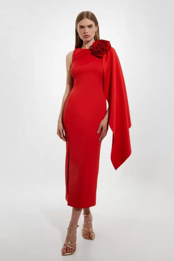 Store Karen Millen Petite Scuba Crepe Dramatic Rosette Woven Cape Midi Dress red