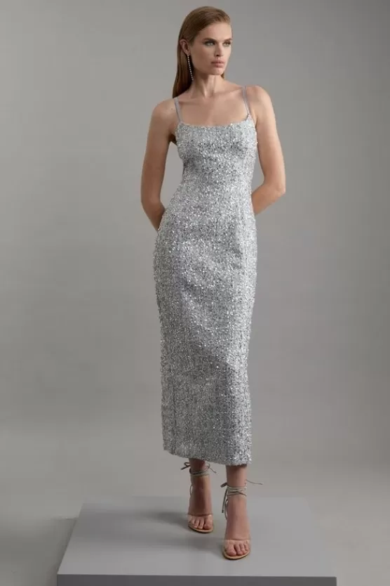 Flash Sale Karen Millen Petite Sequin Metallic Boucle Tailored Maxi Dress silver