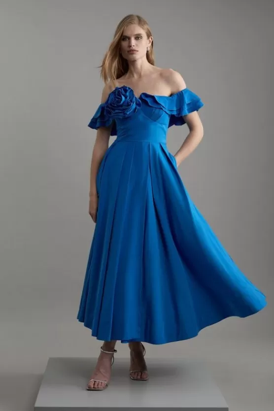 Discount Karen Millen Petite Size Off The Shoulder Taffeta Woven Maxi Dress blue