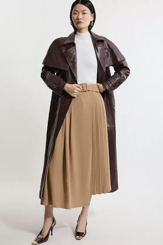 Clearance Karen Millen Petite Size Soft Tailored Crepe Belted Pleated Midi Skirt camel