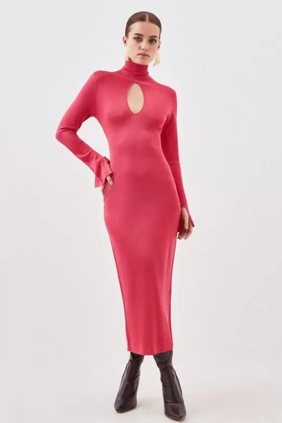 Discount Karen Millen Petite Slinky Viscose High Neck Keyhole Knit Midi Dress pink