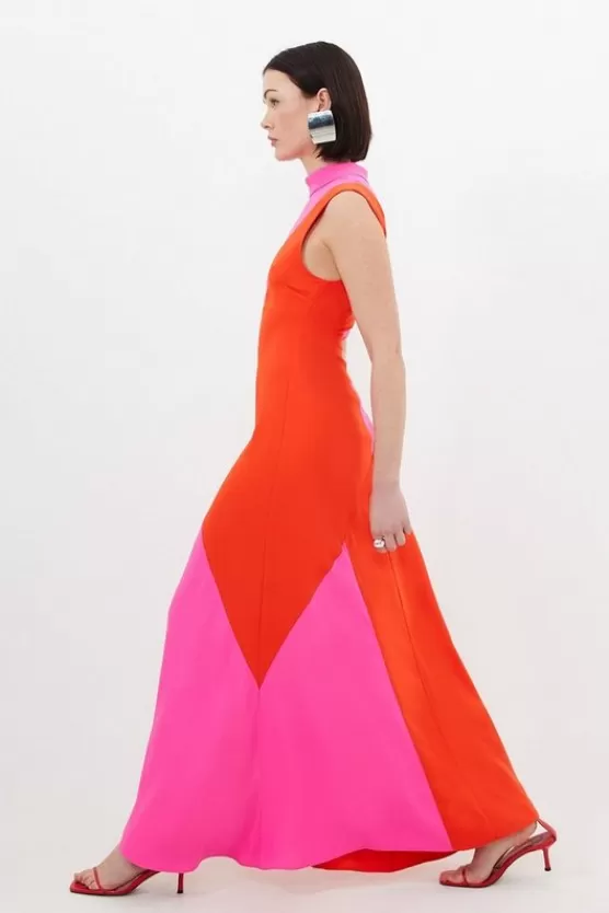 New Karen Millen Petite Soft Tailored Color Block Panel High Neck Midi Dress hotpink