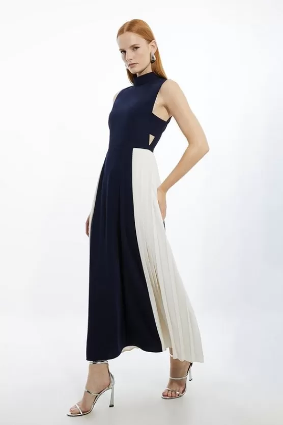 Shop Karen Millen Petite Soft Tailored Color Block Pleated Panel Midaxi Dress navy