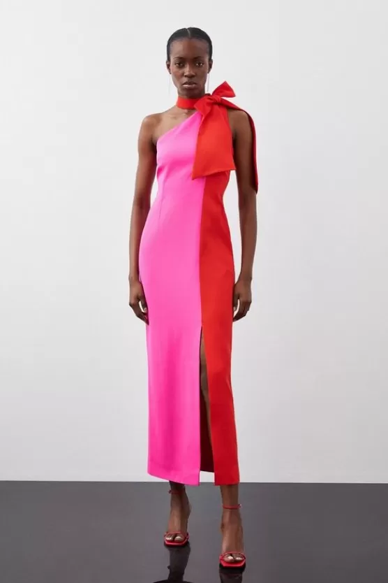 Flash Sale Karen Millen Petite Soft Tailored Color Block Tie Neck Midi Dress pink