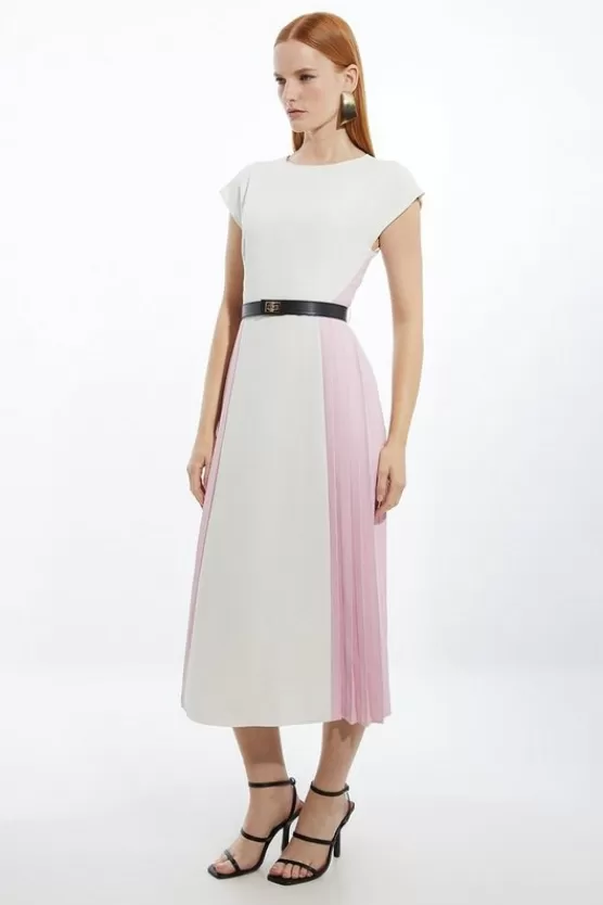Sale Karen Millen Petite Soft Tailored Contrast Pleated Panel Skirt Midi Dress multi