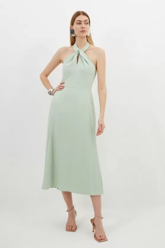 Best Karen Millen Petite Soft Tailored Halter Tie Neck Pleat Detail Midi Dress sage