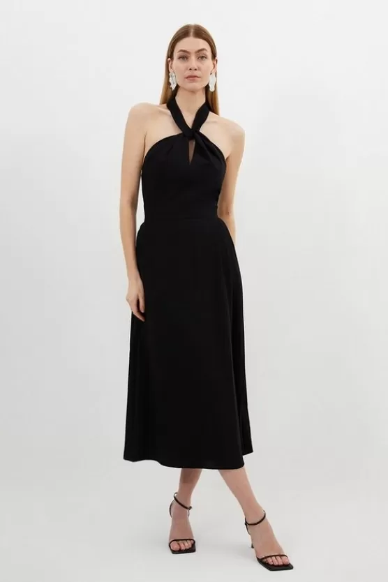 Store Karen Millen Petite Soft Tailored Halter Tie Neck Pleat Detail Midi Dress black